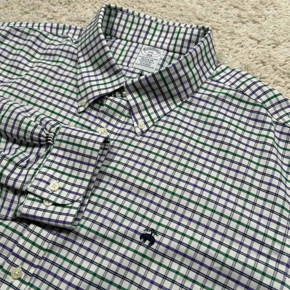 Brooks Brothers Button Down Shirt XXL Green Purple Tattersall Non-Iron Stretch